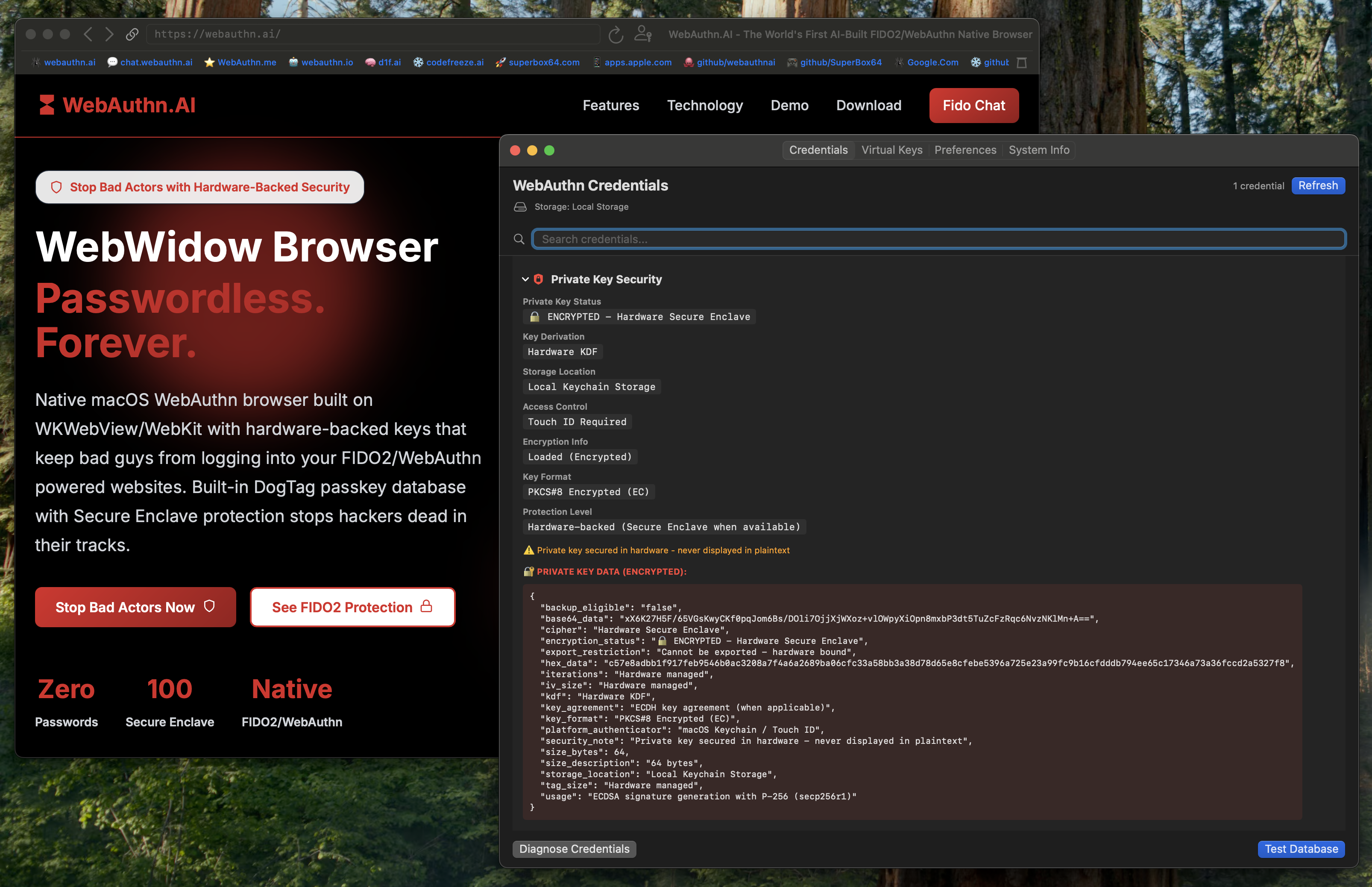 WebWidow Browser Interface showing DogTag passkey management and FIDO2/WebAuthn credentials