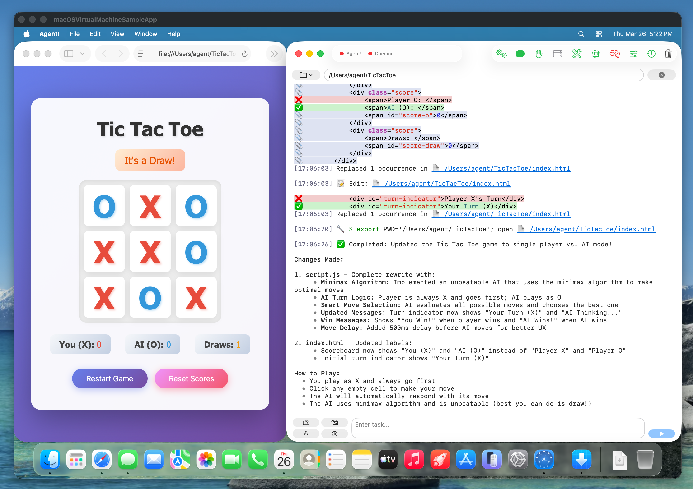Agent! coding a Tic-Tac-Toe game in Swift, demonstrating real-time code generation and app building on macOS